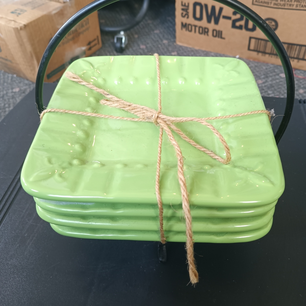 Set of Fluer -De -Lis Green Square Dessert Signature Plates with Holder